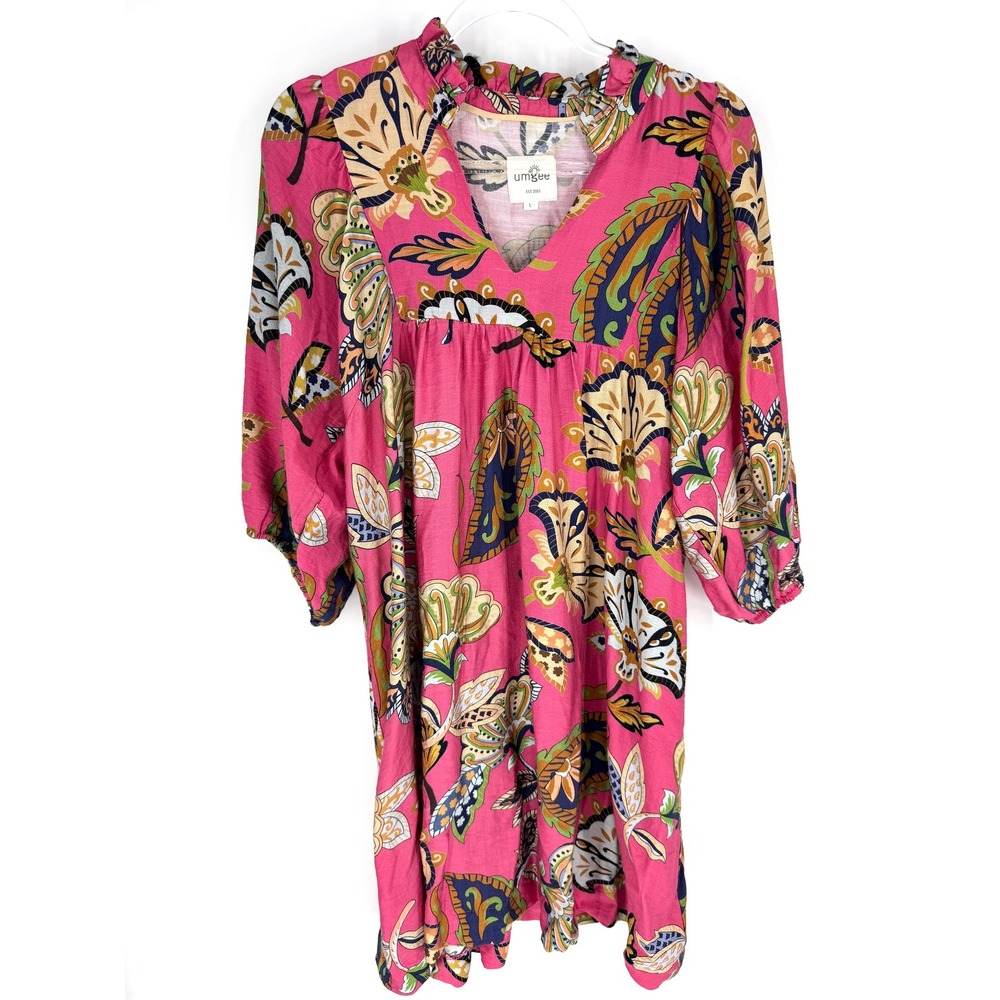 Umgee Pink Paisley Floral Babydoll Mini Dress Ruffle V-Neck 3/4 Sleeve Large